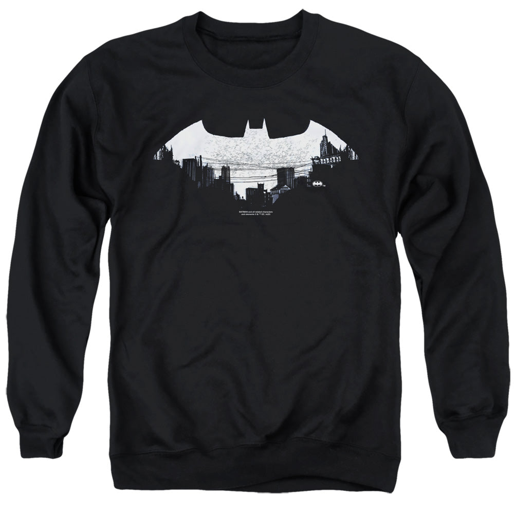 AN OFFCIALLY LICENSED BATMAN BAT LOGO CITYSCAPE ADULT UNISEX CREWNECK SWEATSHIRT BLACK