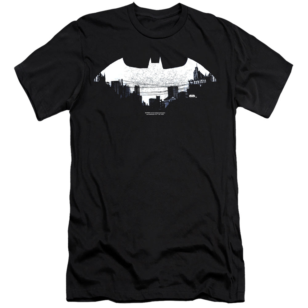 AN OFFCIALLY LICENSED BATMAN BAT LOGO CITYSCAPE MEN'S PREMIUM SLIM FIT T-SHIRT BLACK