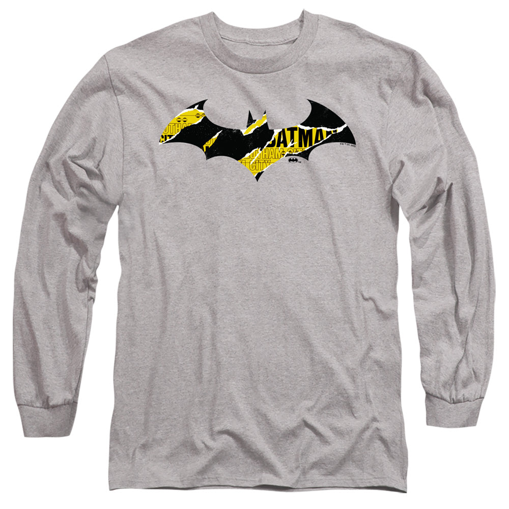 AN OFFCIALLY LICENSED BATMAN BATMAN TORN GOTHAM LOGO MEN'S LONG SLEEVE T-SHIRT ATHLETIC HEATHER