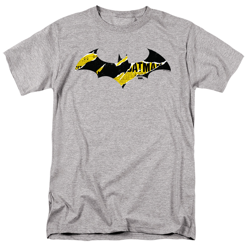AN OFFCIALLY LICENSED BATMAN BATMAN TORN GOTHAM LOGO MEN'S REGULAR FIT T-SHIRT ATHLETIC HEATHER
