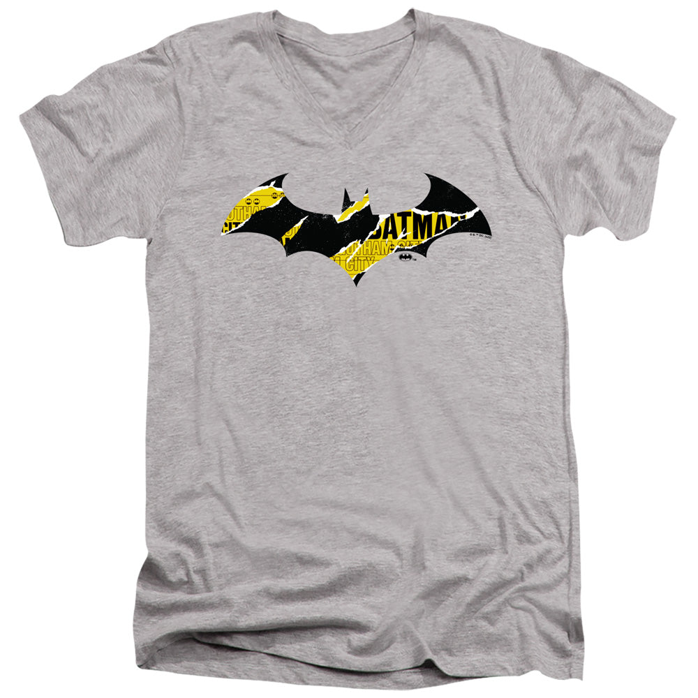 AN OFFCIALLY LICENSED BATMAN BATMAN TORN GOTHAM LOGO MEN'S V-NECK T-SHIRT ATHLETIC HEATHER