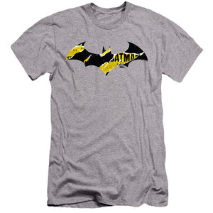 AN OFFCIALLY LICENSED BATMAN BATMAN TORN GOTHAM LOGO MEN'S PREMIUM SLIM FIT T-SHIRT ATHLETIC HEATHER