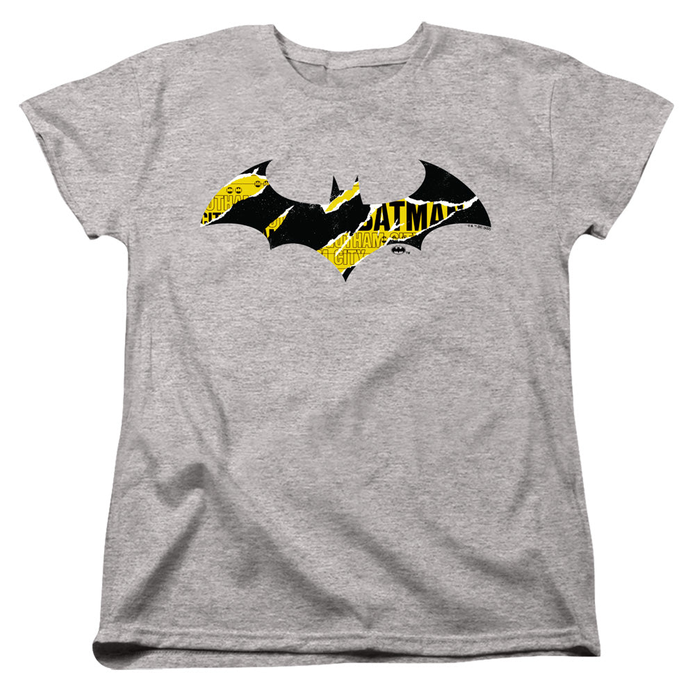 AN OFFCIALLY LICENSED BATMAN BATMAN TORN GOTHAM LOGO WOMEN'S REGULAR FIT T-SHIRT ATHLETIC HEATHER
