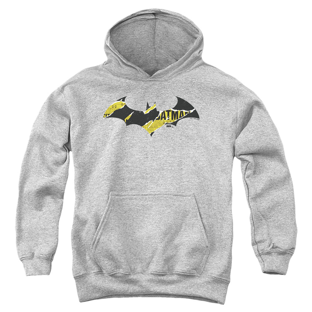 AN OFFCIALLY LICENSED BATMAN BATMAN TORN GOTHAM LOGO YOUTH HOODIE ATHLETIC HEATHER