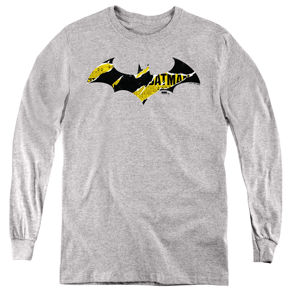 AN OFFCIALLY LICENSED BATMAN BATMAN TORN GOTHAM LOGO YOUTH LONG SLEEVE T-SHIRT ATHLETIC HEATHER