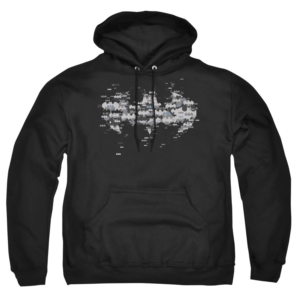 AN OFFCIALLY LICENSED BATMAN MULTI BAT LOGO ADULT UNISEX PULLOVER HOODIE BLACK