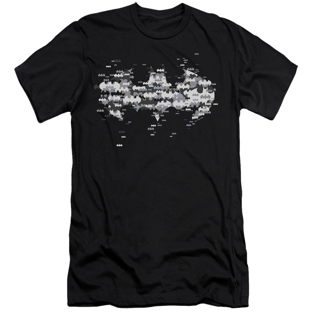AN OFFCIALLY LICENSED BATMAN MULTI BAT LOGO MEN'S PREMIUM SLIM FIT T-SHIRT BLACK