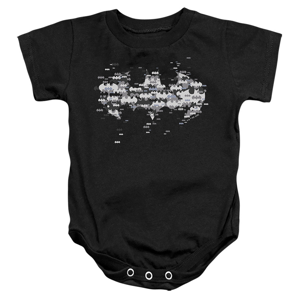 AN OFFCIALLY LICENSED BATMAN MULTI BAT LOGO BABY BODYSUIT BLACK