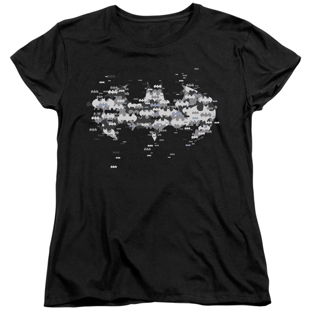 AN OFFCIALLY LICENSED BATMAN MULTI BAT LOGO WOMEN'S REGULAR FIT T-SHIRT BLACK