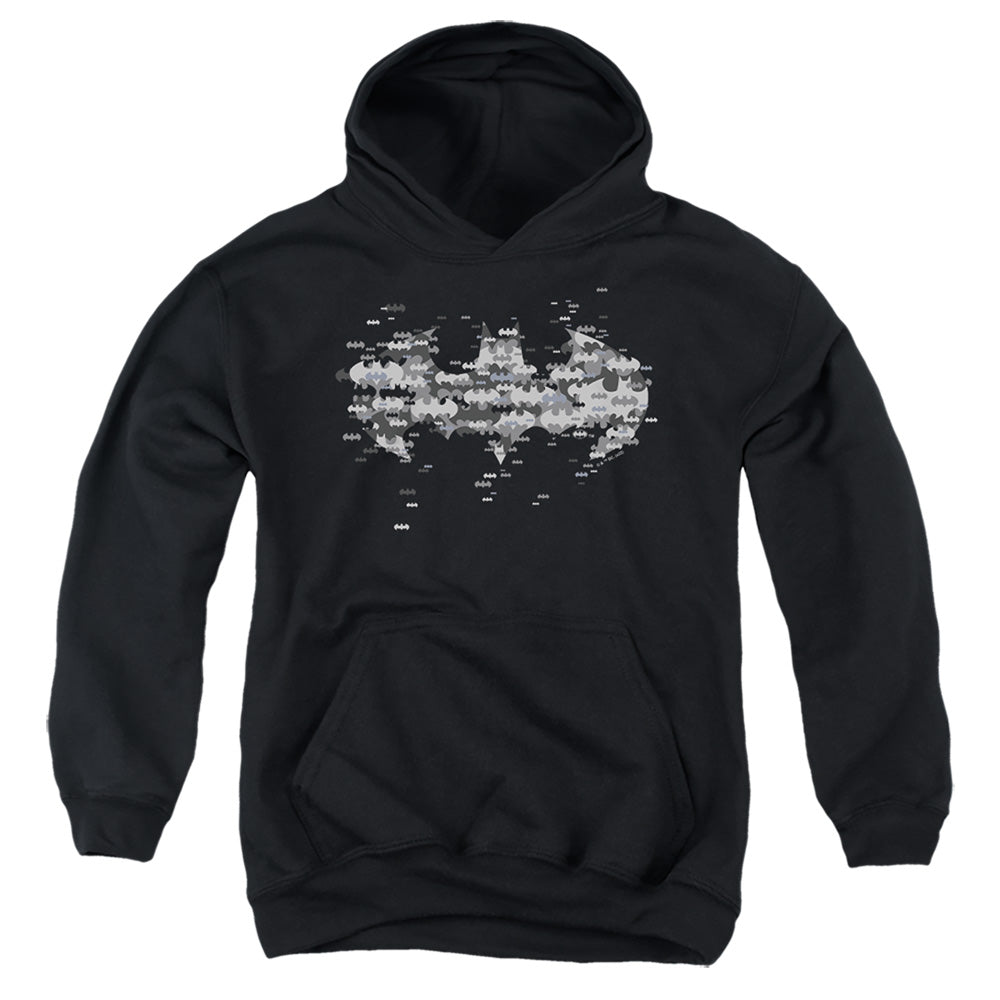 AN OFFCIALLY LICENSED BATMAN MULTI BAT LOGO YOUTH HOODIE BLACK