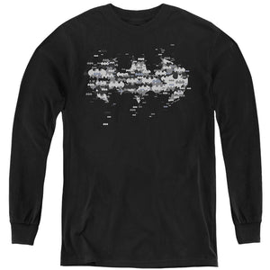 AN OFFCIALLY LICENSED BATMAN MULTI BAT LOGO YOUTH LONG SLEEVE T-SHIRT BLACK