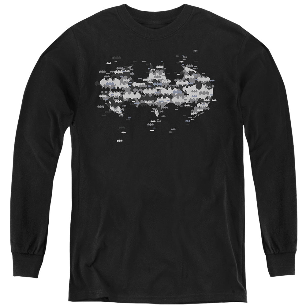 AN OFFCIALLY LICENSED BATMAN MULTI BAT LOGO YOUTH LONG SLEEVE T-SHIRT BLACK