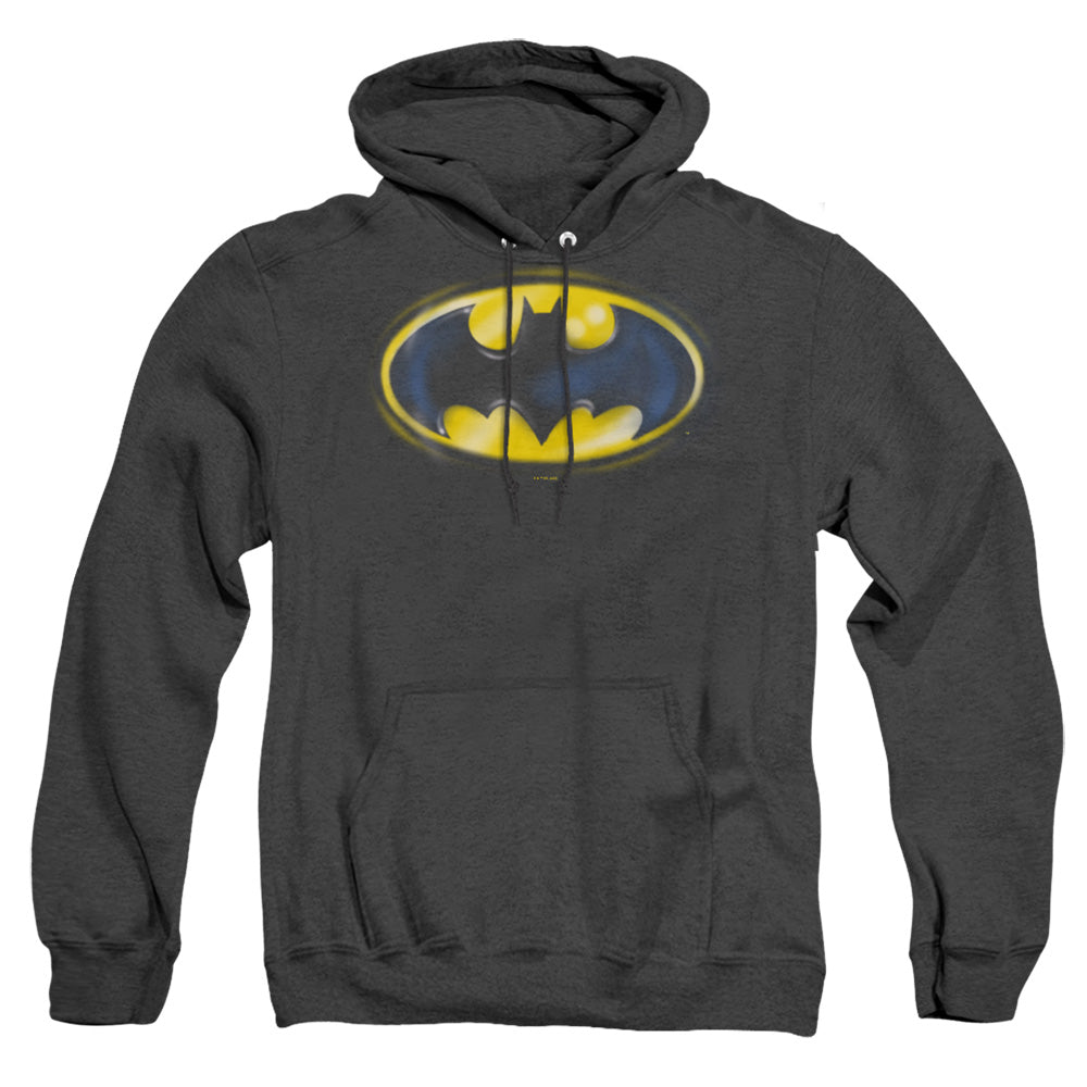 AN OFFCIALLY LICENSED BATMAN BATMAN AIRBRUSH LOGO ADULT UNISEX HEATHER PULLOVER HOODIE BLACK