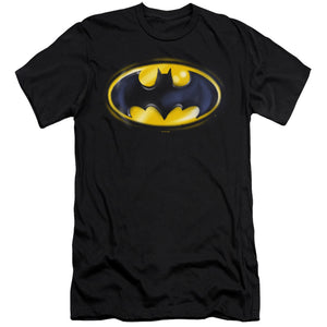 AN OFFCIALLY LICENSED BATMAN BATMAN AIRBRUSH LOGO MEN'S PREMIUM SLIM FIT T-SHIRT BLACK