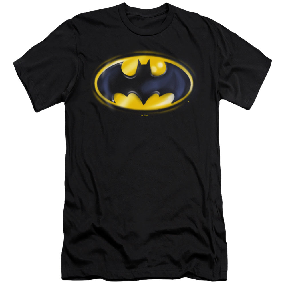 AN OFFCIALLY LICENSED BATMAN BATMAN AIRBRUSH LOGO MEN'S PREMIUM SLIM FIT T-SHIRT BLACK