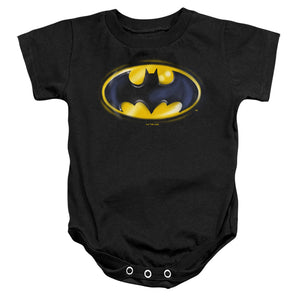 AN OFFCIALLY LICENSED BATMAN BATMAN AIRBRUSH LOGO BABY BODYSUIT BLACK