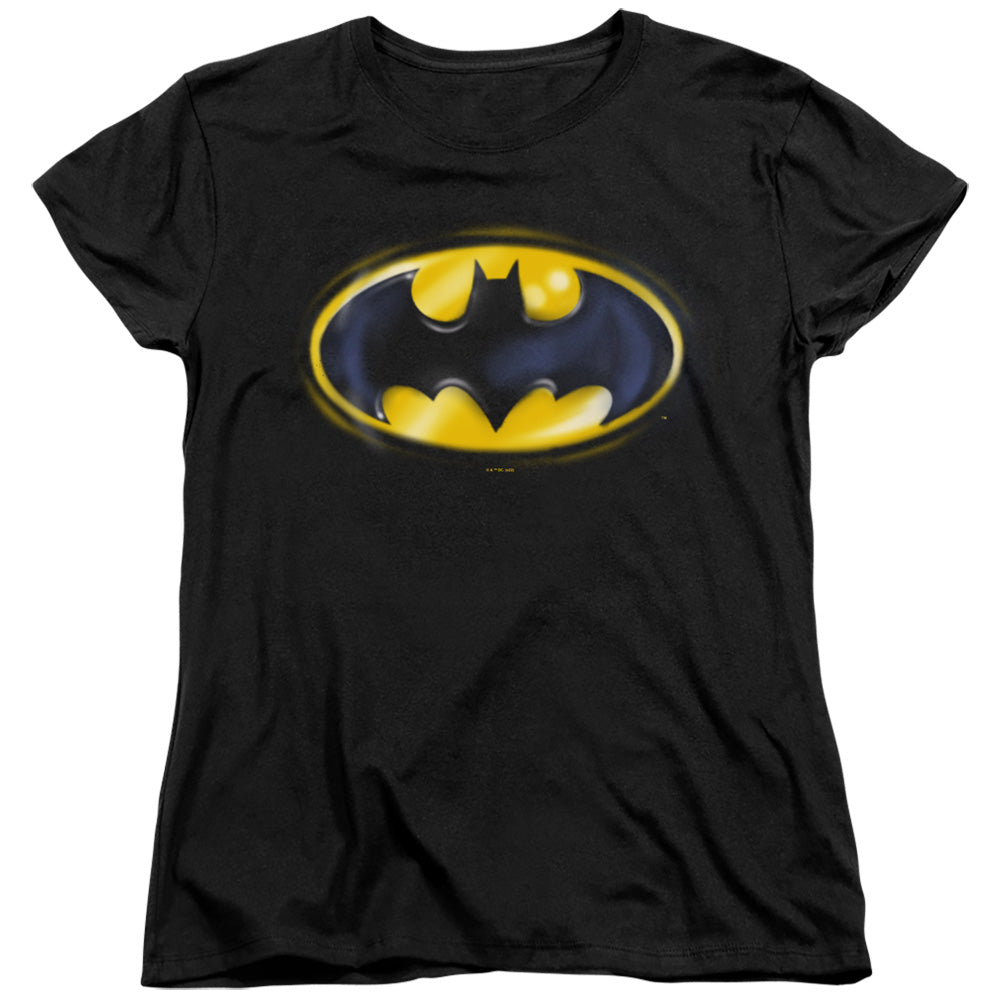 AN OFFCIALLY LICENSED BATMAN BATMAN AIRBRUSH LOGO WOMEN'S REGULAR FIT T-SHIRT BLACK