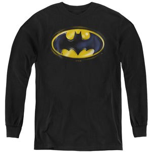 AN OFFCIALLY LICENSED BATMAN BATMAN AIRBRUSH LOGO YOUTH LONG SLEEVE T-SHIRT BLACK