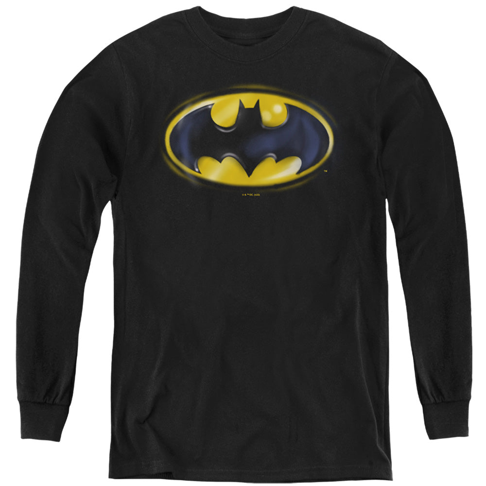 AN OFFCIALLY LICENSED BATMAN BATMAN AIRBRUSH LOGO YOUTH LONG SLEEVE T-SHIRT BLACK