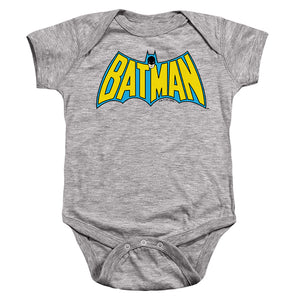 AN OFFCIALLY LICENSED BATMAN WINTAGE BATMAN LOGO BABY BODYSUIT ATHLETIC HEATHER