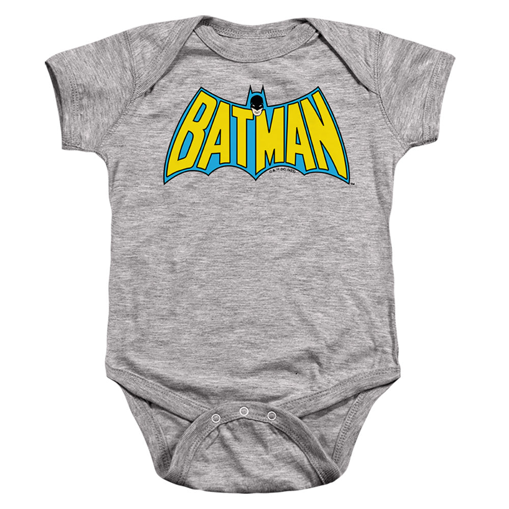AN OFFCIALLY LICENSED BATMAN WINTAGE BATMAN LOGO BABY BODYSUIT ATHLETIC HEATHER