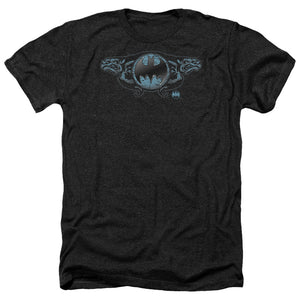AN OFFCIALLY LICENSED BATMAN TWO GARGOYLES LOGO MEN'S HEATHER T-SHIRT CHARCOAL