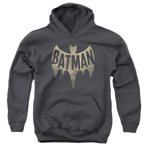 AN OFFCIALLY LICENSED BATMAN CLASSIC TV VINTAGE LOGO YOUTH HOODIE CHARCOAL
