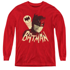 AN OFFCIALLY LICENSED BATMAN CLASSIC TV BAT SIGNAL YOUTH LONG SLEEVE T-SHIRT RED