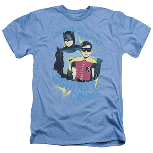 AN OFFCIALLY LICENSED BATMAN CLASSIC TV COURAGEOUS WARRIORS MEN'S HEATHER T-SHIRT LIGHT BLUE
