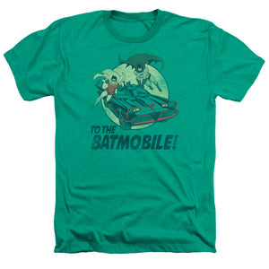 AN OFFCIALLY LICENSED BATMAN CLASSIC TV TO THE BATMOBILE MEN'S HEATHER T-SHIRT KELLY GREEN