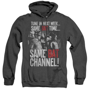 AN OFFCIALLY LICENSED BATMAN CLASSIC TV BAT CHANNEL ADULT UNISEX HEATHER PULLOVER HOODIE BLACK