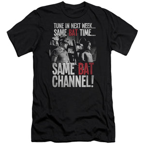 AN OFFCIALLY LICENSED BATMAN CLASSIC TV BAT CHANNEL MEN'S PREMIUM SLIM FIT T-SHIRT BLACK