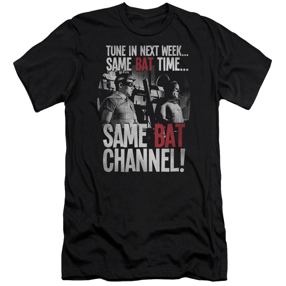 AN OFFCIALLY LICENSED BATMAN CLASSIC TV BAT CHANNEL MEN'S PREMIUM SLIM FIT T-SHIRT BLACK