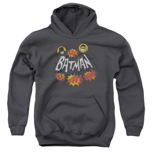 AN OFFCIALLY LICENSED BATMAN CLASSIC TV SOUND EFFECTS YOUTH HOODIE CHARCOAL