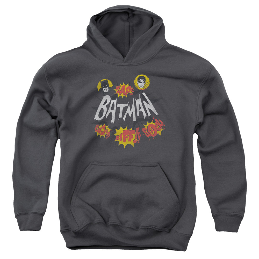 AN OFFCIALLY LICENSED BATMAN CLASSIC TV SOUND EFFECTS YOUTH HOODIE CHARCOAL