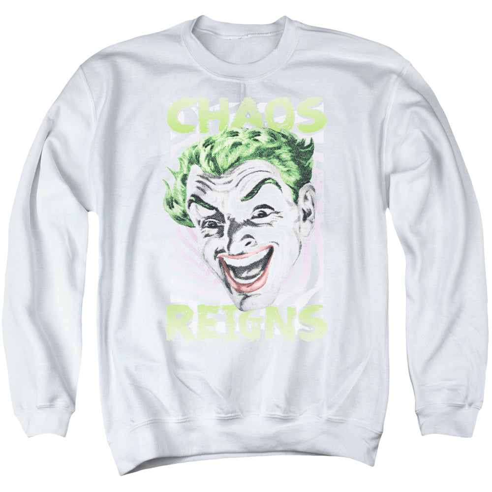 AN OFFCIALLY LICENSED BATMAN CLASSIC TV CHAOS REIGNS ADULT UNISEX CREWNECK SWEATSHIRT WHITE