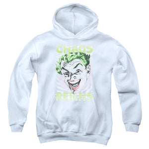 AN OFFCIALLY LICENSED BATMAN CLASSIC TV CHAOS REIGNS YOUTH HOODIE WHITE