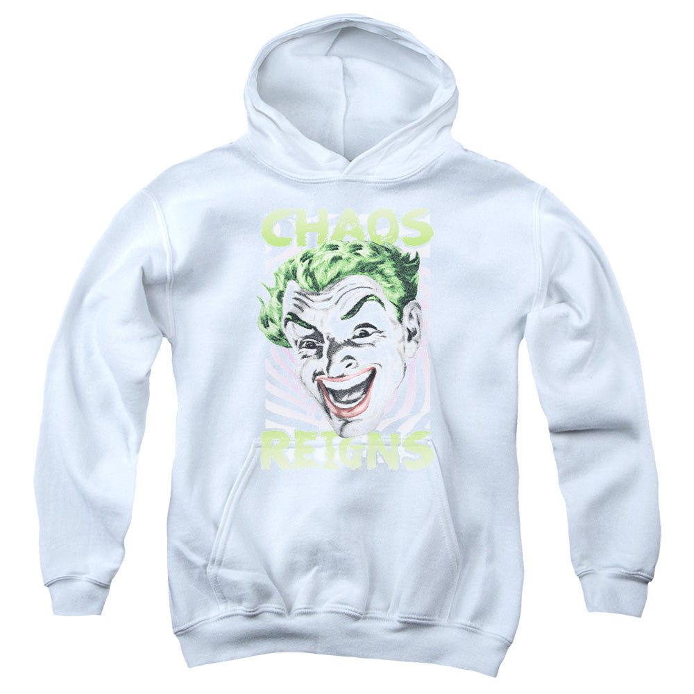 AN OFFCIALLY LICENSED BATMAN CLASSIC TV CHAOS REIGNS YOUTH HOODIE WHITE