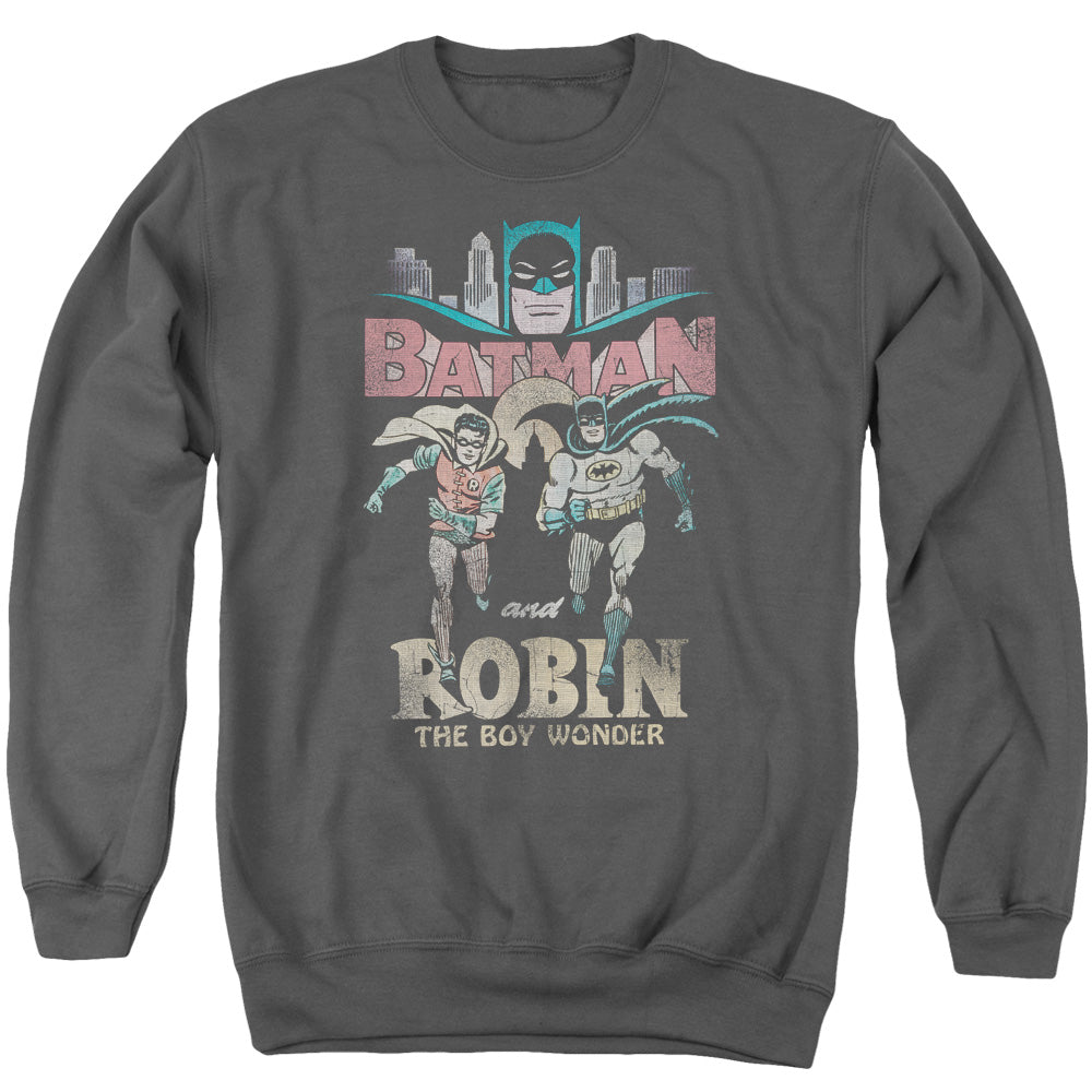 AN OFFCIALLY LICENSED BATMAN CLASSIC TV CLASSIC DUO ADULT UNISEX CREWNECK SWEATSHIRT CHARCOAL