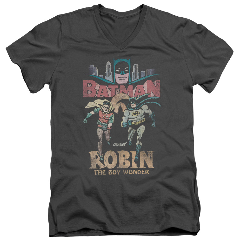 AN OFFCIALLY LICENSED BATMAN CLASSIC TV CLASSIC DUO MEN'S V-NECK T-SHIRT CHARCOAL