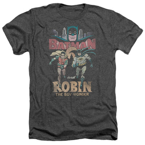 AN OFFCIALLY LICENSED BATMAN CLASSIC TV CLASSIC DUO MEN'S HEATHER T-SHIRT CHARCOAL