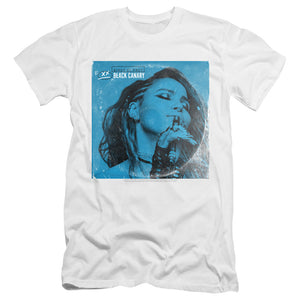 AN OFFCIALLY LICENSED BIRDS OF PREY BLUE CANARY MEN'S PREMIUM SLIM FIT T-SHIRT WHITE