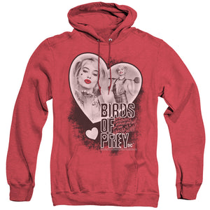 AN OFFCIALLY LICENSED BIRDS OF PREY HEART HARLEY ADULT UNISEX HEATHER PULLOVER HOODIE RED