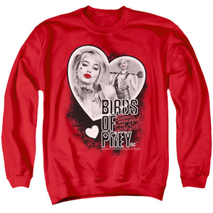 AN OFFCIALLY LICENSED BIRDS OF PREY HEART HARLEY ADULT UNISEX CREWNECK SWEATSHIRT RED