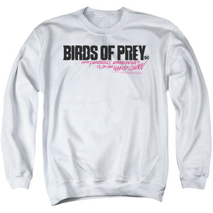AN OFFCIALLY LICENSED BIRDS OF PREY HORIZONTAL LOGO ADULT UNISEX CREWNECK SWEATSHIRT WHITE