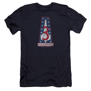 AN OFFCIALLY LICENSED BSG VIGILANTES BADGE MEN'S PREMIUM SLIM FIT T-SHIRT NAVY