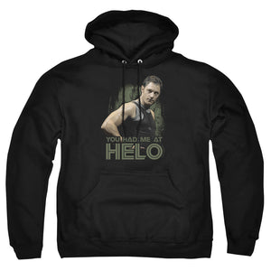 AN OFFCIALLY LICENSED BSG HAD ME AT HELO ADULT UNISEX PULLOVER HOODIE BLACK