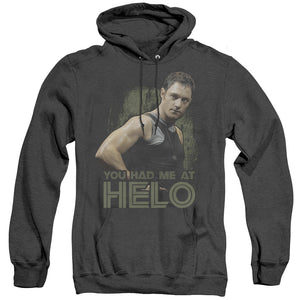 AN OFFCIALLY LICENSED BSG HAD ME AT HELO ADULT UNISEX HEATHER PULLOVER HOODIE BLACK
