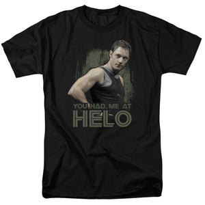 AN OFFCIALLY LICENSED BSG HAD ME AT HELO MEN'S REGULAR FIT T-SHIRT BLACK