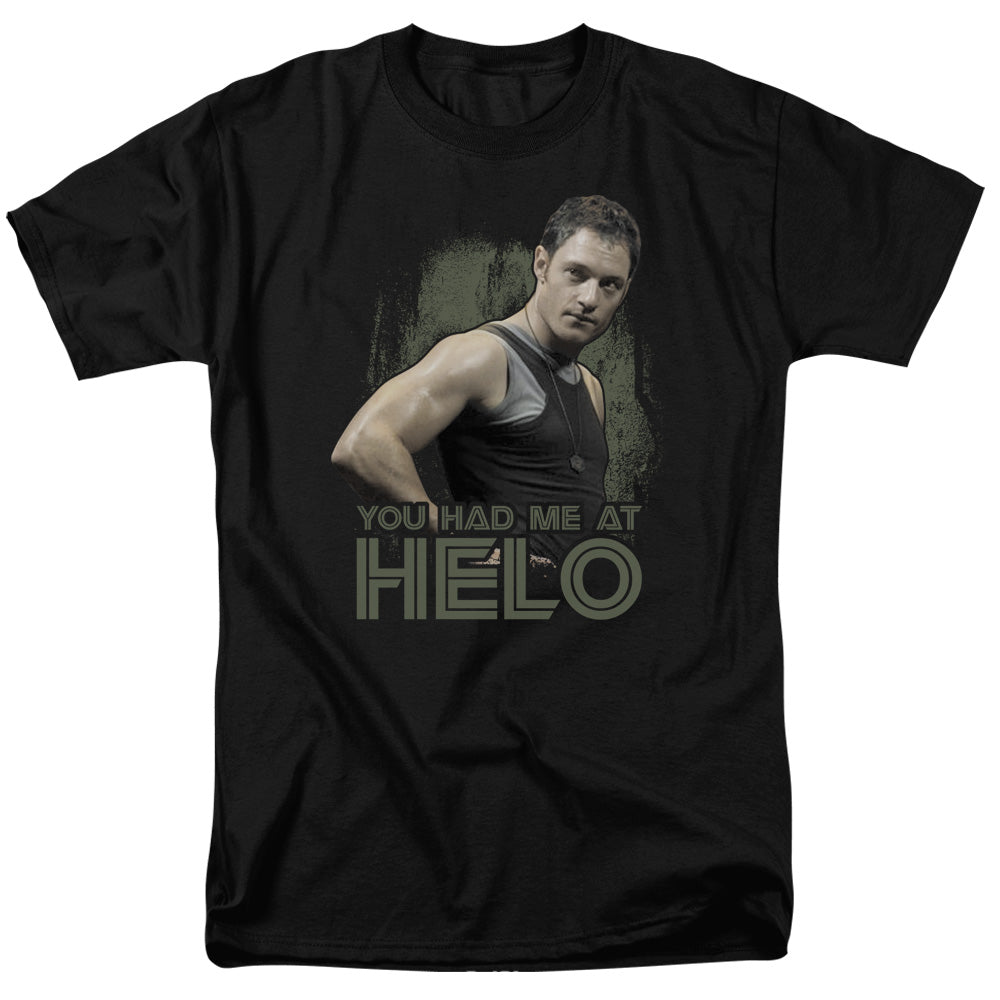 AN OFFCIALLY LICENSED BSG HAD ME AT HELO MEN'S REGULAR FIT T-SHIRT BLACK